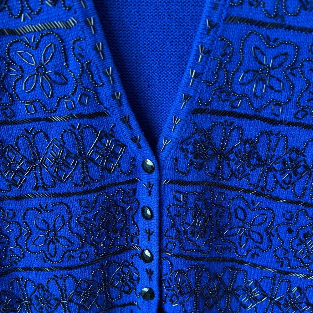 Y2K Cobalt Blue Beaded Sweater Vest Worthington Knit Button Front